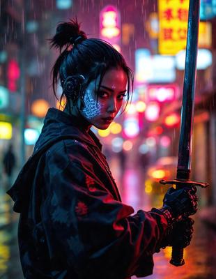 The primary subject of the image is a woman holding a sword. She is wearing a black outfit and has a unique appearance, possibly with a futuristic or cyberpunk theme. The setting is a city street at night, with neon lights illuminating the area. The visual style of the image is a combination of photo and digital art, creating a striking and intriguing scene. The colors and mood of the image are dark and mysterious, with the woman's outfit and the neon lights contributing to the overall atmosphere.